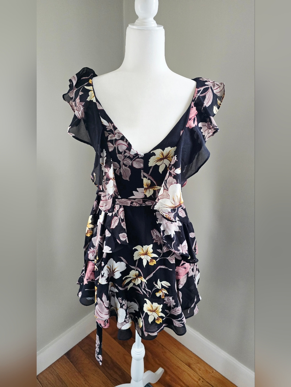 Floral Ruffle Deep V-Neck Mini Hi-low Dress